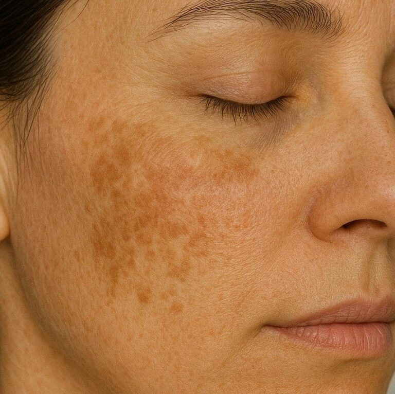 Brown patches of hyperpigmentation on the cheek.